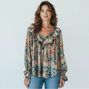 Umgee Green Orange Flower Print Blouse Top V-Neck Long Sleeves Ruffle Small
